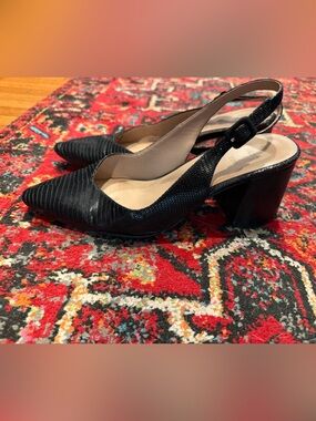 27 EDIT Black Textured Slingback Block Heel Pumps